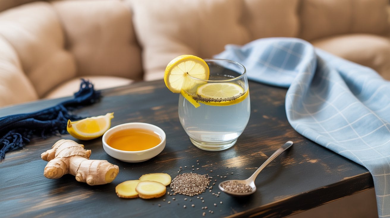 A glass of water with lemon slices and chia seeds sits on a wooden table, next to ginger root, sliced ginger, a spoonful of chia seeds, a bowl of honey, and a lemon wedge. A blue cloth is draped in the background.