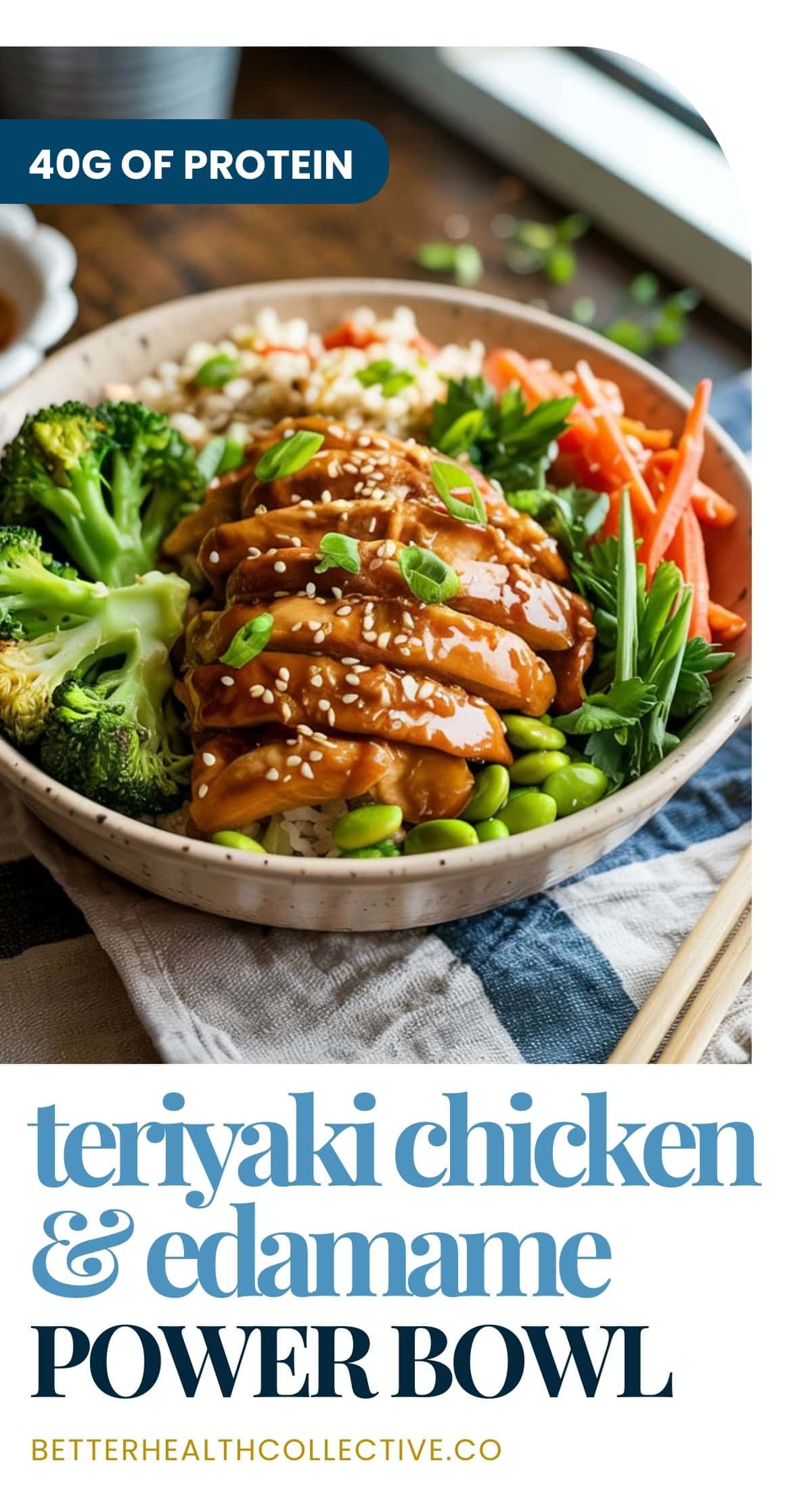 A colorful Chicken & Edamame Power Bowl with teriyaki chicken, sesame seeds, broccoli, carrots, and rice. Packed with 40g of protein. Text: Teriyaki Chicken & Edamame Power Bowl. wellnestguide.com.