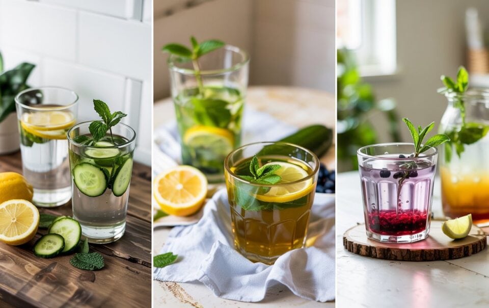 Three images of refreshing drinks: lemon and cucumber water with mint, iced tea with lemon and mint, and a berry-infused drink—each crafted to help reduce bloating for a flat tummy—all served in clear glasses with fresh ingredients.