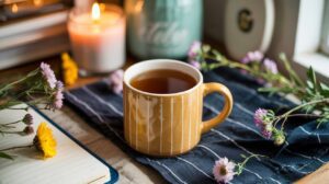 A striped yellow mug filled with one of the best teas for weight loss sits on a blue cloth, surrounded by purple flowers, a lit candle, an open notebook, and soft natural light from a nearby window.