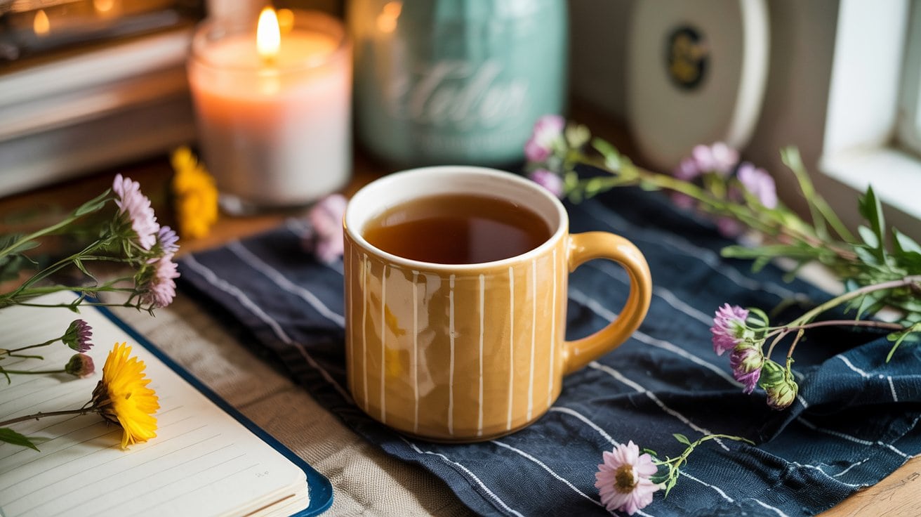 A striped yellow mug filled with one of the best teas for weight loss sits on a blue cloth, surrounded by purple flowers, a lit candle, an open notebook, and soft natural light from a nearby window.