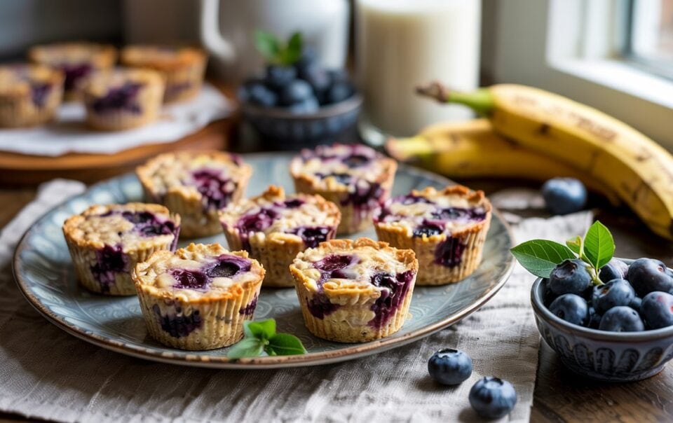 A plate of blueberry muffins sits on a table with fresh blueberries and bananas nearby, evoking the flavors of Blueberry Banana Baked Oatmeal. Additional muffins, a glass of milk, and a bowl of blueberries are in the background by a sunlit window.