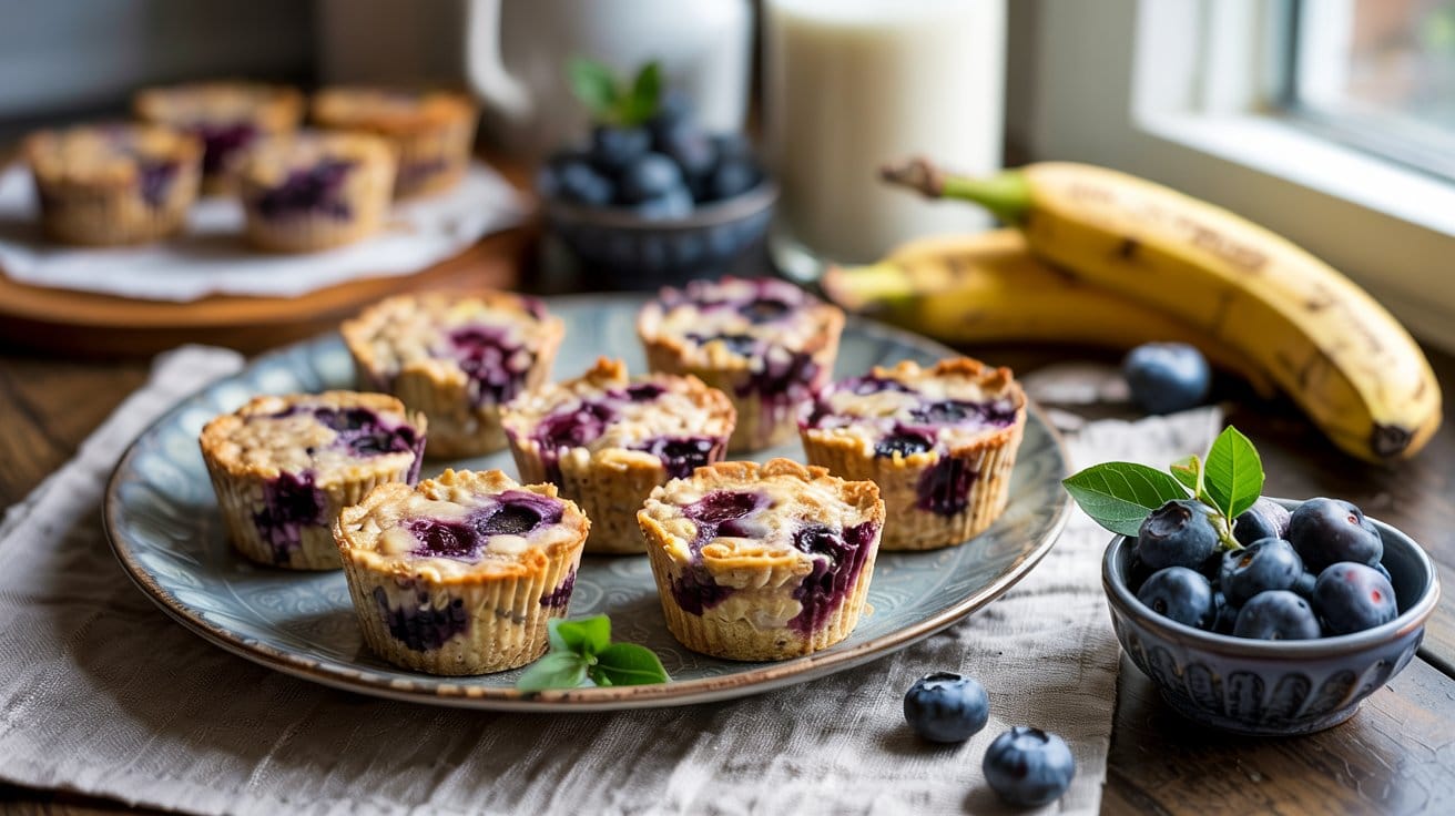 A plate of blueberry muffins sits on a table with fresh blueberries and bananas nearby, evoking the flavors of Blueberry Banana Baked Oatmeal. Additional muffins, a glass of milk, and a bowl of blueberries are in the background by a sunlit window.