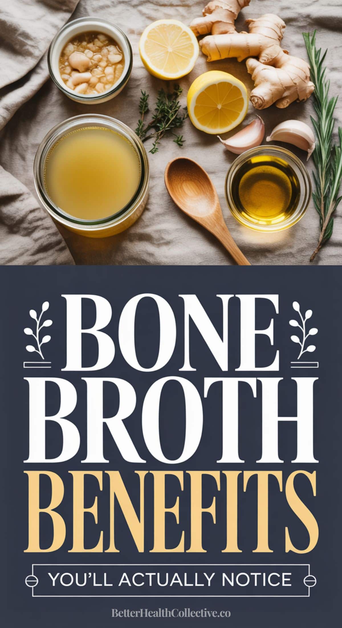 Flat lay of bone broth ingredients—ginger, lemon, rosemary, olive oil, and chickpeas—with a bowl of broth on a cloth. Text below reads: Bone Broth Benefits You’ll Actually Notice—discover real bone broth benefits in every sip.