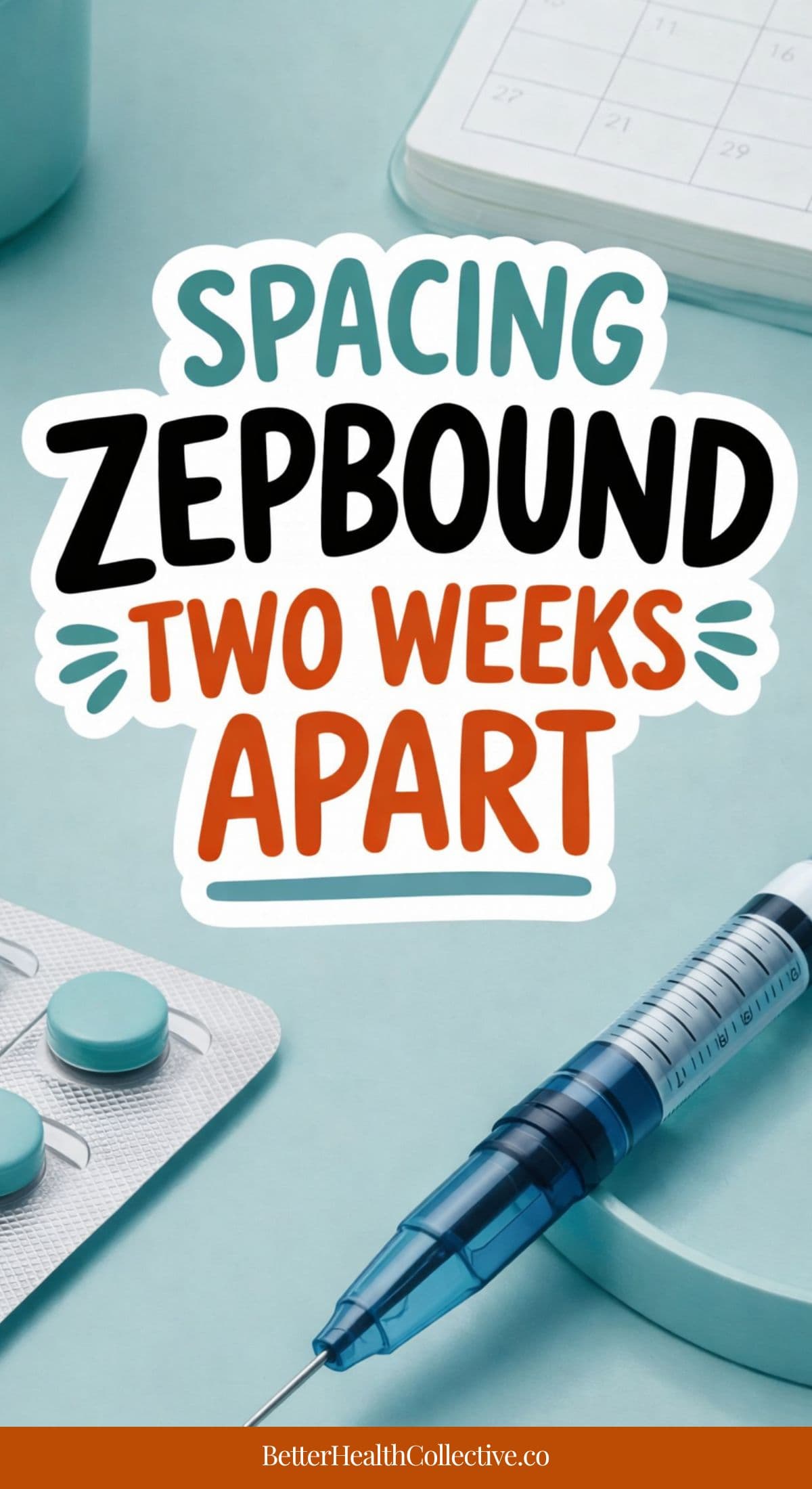A syringe, round blue pills in a blister pack, and a calendar are shown next to text that reads, Spacing Zepbound Dosage Two Weeks Apart. The website wellnestguide.com is at the bottom.