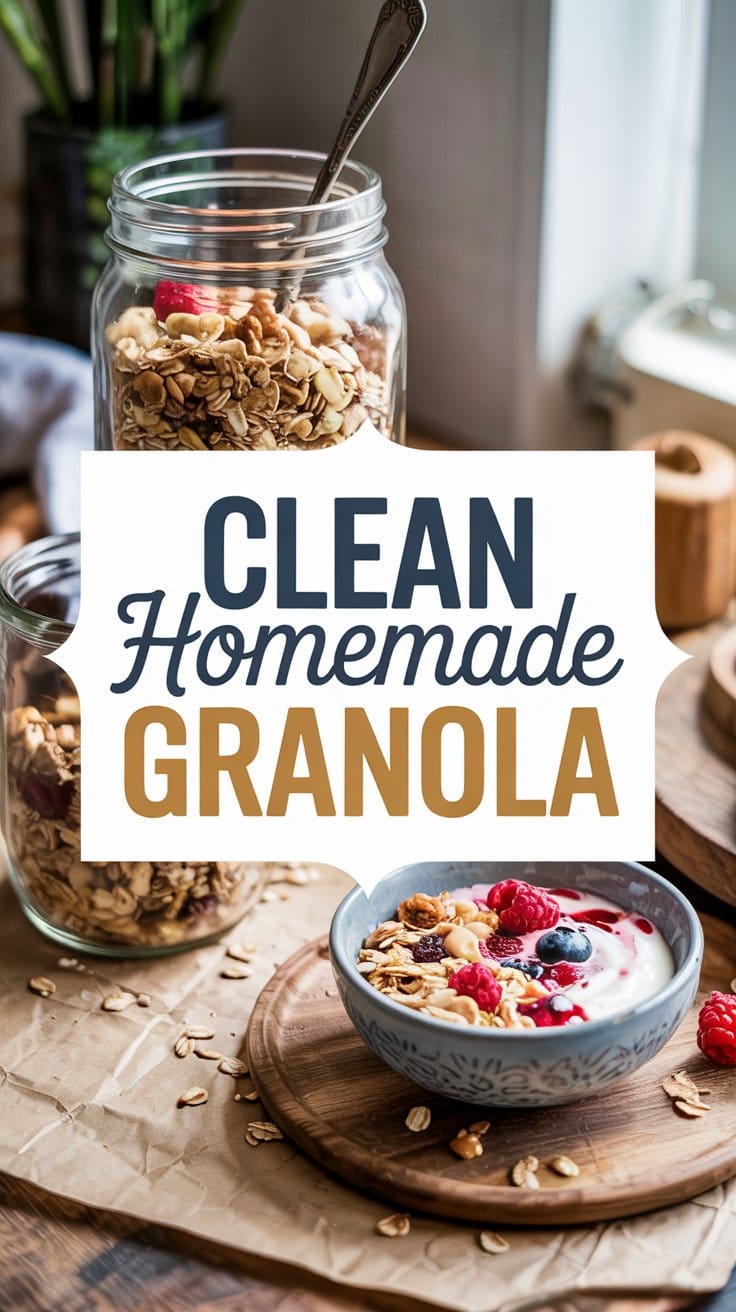 Two jars of clean homemade granola and a bowl of yogurt topped with granola and berries sit on a wooden table. Text on the image reads, Clean Homemade Granola.