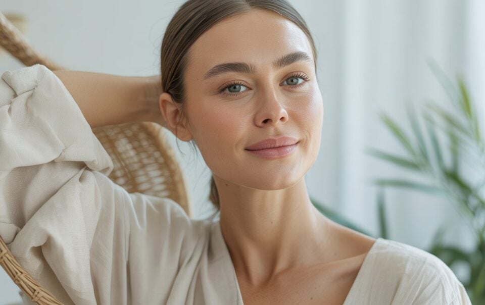 A young woman with light skin and straight brown hair, wearing a loose beige top, sits in a bright room with a hand behind her head, smiling softly. Her glowing skin stands out against green plants and light curtains in the background.