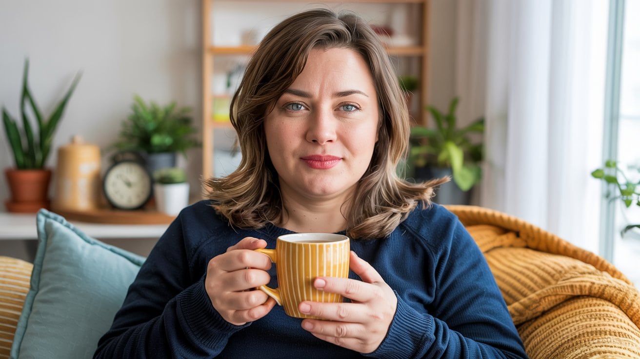 A woman with shoulder-length brown hair sits on a cozy couch, holding a yellow mug. Smiling softly and surrounded by houseplants, she enjoys the peaceful moment—proof you can lose weight without dieting in a relaxing, comfortable home setting.
