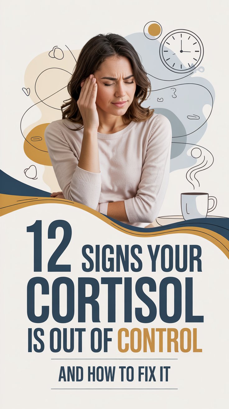 A woman holds her head with a worried expression. Illustrated icons of a clock, heart, and coffee cup surround her. Text reads: 12 signs your Cortisol Is Out of Control and how to fix it.