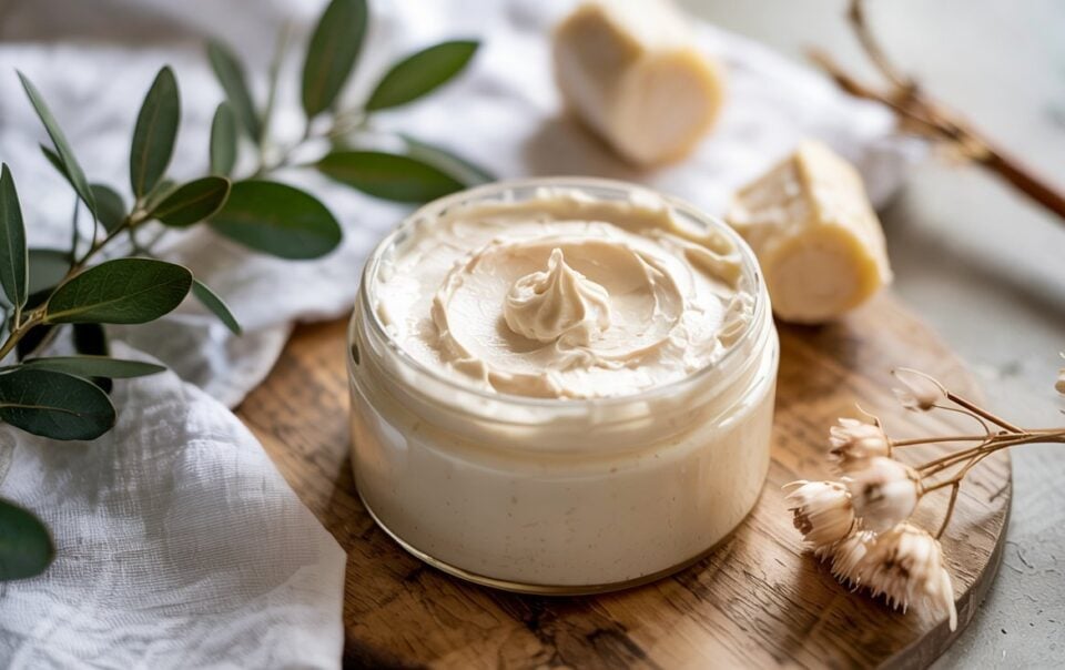 A glass jar of creamy DIY Body Butter sits on a wooden tray, surrounded by green leaves, a white cloth, dried flowers, and pieces of shea butter. Natural light highlights the smooth texture, promising glowing skin and soft skin.