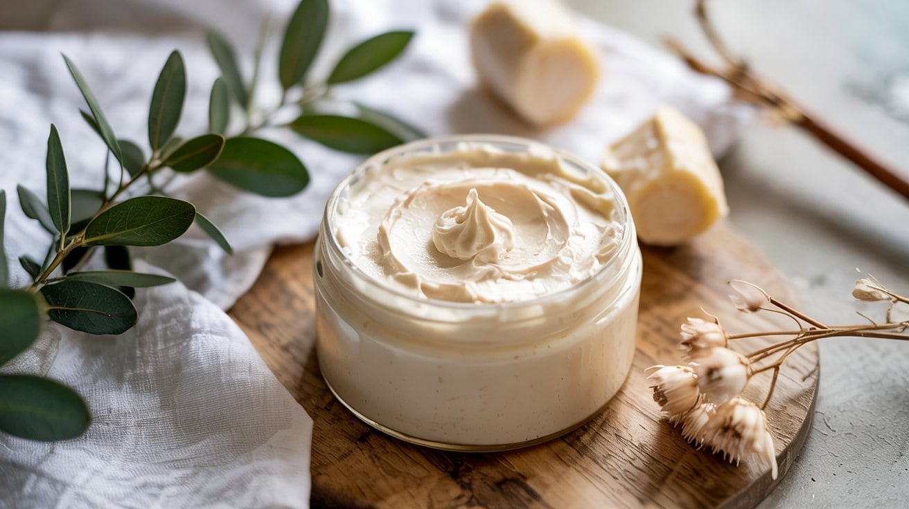 A glass jar of creamy DIY Body Butter sits on a wooden tray, surrounded by green leaves, a white cloth, dried flowers, and pieces of shea butter. Natural light highlights the smooth texture, promising glowing skin and soft skin.