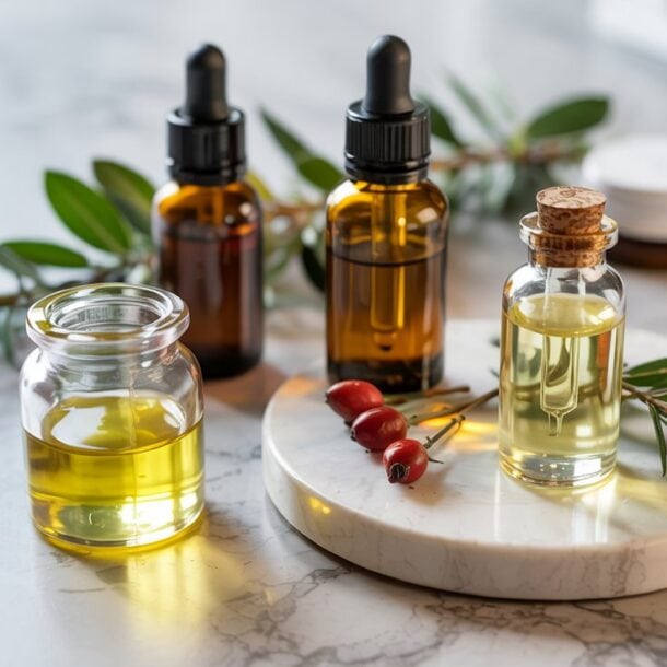 Glass bottles filled with facial oil, some with droppers and cork stoppers, are arranged on a marble surface with sprigs of greenery, red berries, and a small pink flower. A white jar is blurred in the background, suggesting DIY beauty for glowing skin.
