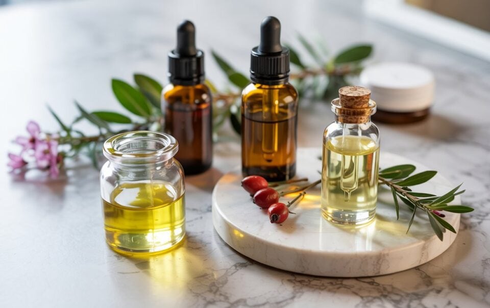 Glass bottles filled with facial oil, some with droppers and cork stoppers, are arranged on a marble surface with sprigs of greenery, red berries, and a small pink flower. A white jar is blurred in the background, suggesting DIY beauty for glowing skin.