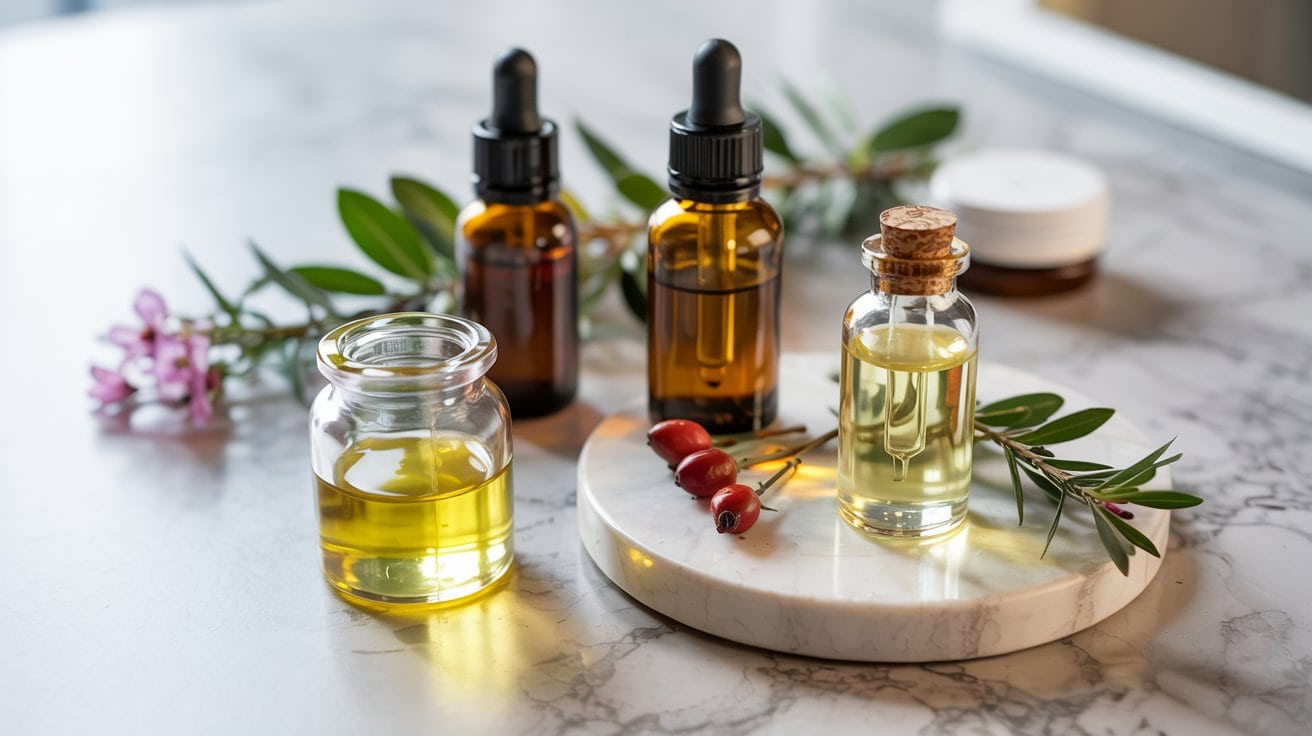 Glass bottles filled with facial oil, some with droppers and cork stoppers, are arranged on a marble surface with sprigs of greenery, red berries, and a small pink flower. A white jar is blurred in the background, suggesting DIY beauty for glowing skin.