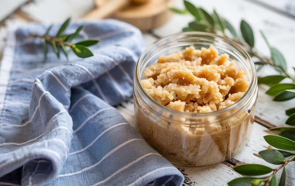 A glass jar filled with DIY sugar scrub sits on a rustic white wooden table, near a blue-striped cloth and green leafy branches. Natural light brightens the scene.