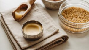 A small tin of DIY tallow lip balm sits on folded beige fabric, next to a wooden scoop with more balm and a glass bowl of yellow beeswax pellets—perfect for soothing dry lips in a natural, rustic setting.
