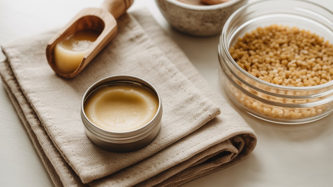 A small tin of DIY tallow lip balm sits on folded beige fabric, next to a wooden scoop with more balm and a glass bowl of yellow beeswax pellets—perfect for soothing dry lips in a natural, rustic setting.