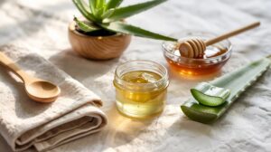 A small jar of honey, a bowl of honey with a dipper, an aloe vera plant, aloe vera leaf slices, a wooden spoon, and a folded towel are arranged on fabric in sunlight—perfect ingredients for an overnight mask to reveal glowing skin.