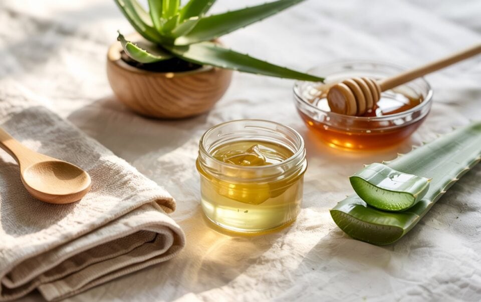 A small jar of honey, a bowl of honey with a dipper, an aloe vera plant, aloe vera leaf slices, a wooden spoon, and a folded towel are arranged on fabric in sunlight—perfect ingredients for an overnight mask to reveal glowing skin.