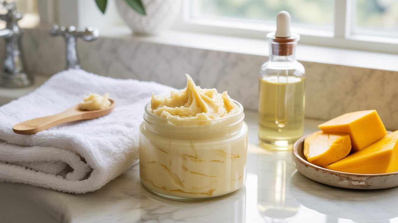A jar of Mango Body Butter sits on a bathroom counter near a bottle of oil, folded white towels, a wooden spoon, and a plate with mango slices, with sunlight streaming in from a window. The lightweight formula absorbs quickly for non-greasy hydration.