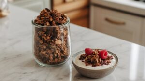 A glass jar filled with Naturally Sweetened Granola sits on a marble countertop next to a small bowl of yogurt topped with granola and two raspberries.