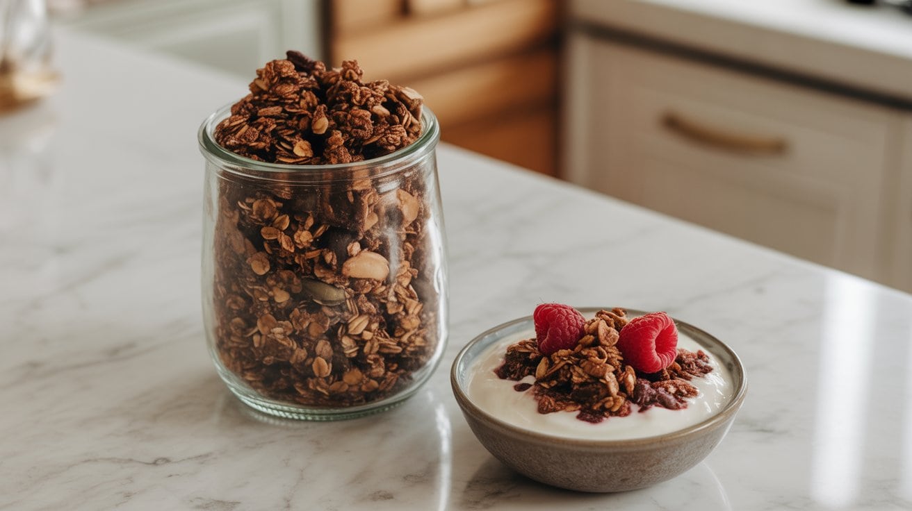 A glass jar filled with Naturally Sweetened Granola sits on a marble countertop next to a small bowl of yogurt topped with granola and two raspberries.