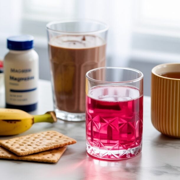 A breakfast scene with a banana, crackers, berries, pink juice, chocolate milk, a yellow mug of tea, and a bottle of magnesium supplement on a marble table—perfect for those feeling dizzy on GLP-1 medication.