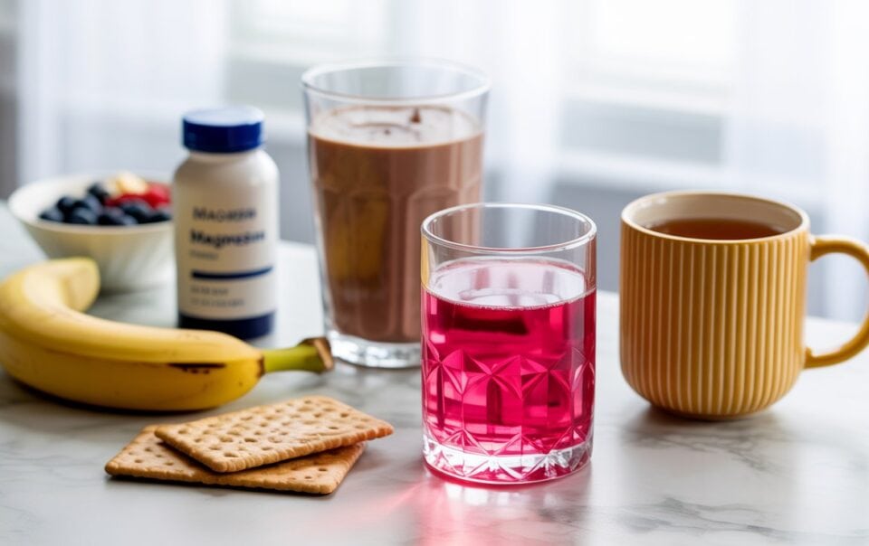 A breakfast scene with a banana, crackers, berries, pink juice, chocolate milk, a yellow mug of tea, and a bottle of magnesium supplement on a marble table—perfect for those feeling dizzy on GLP-1 medication.