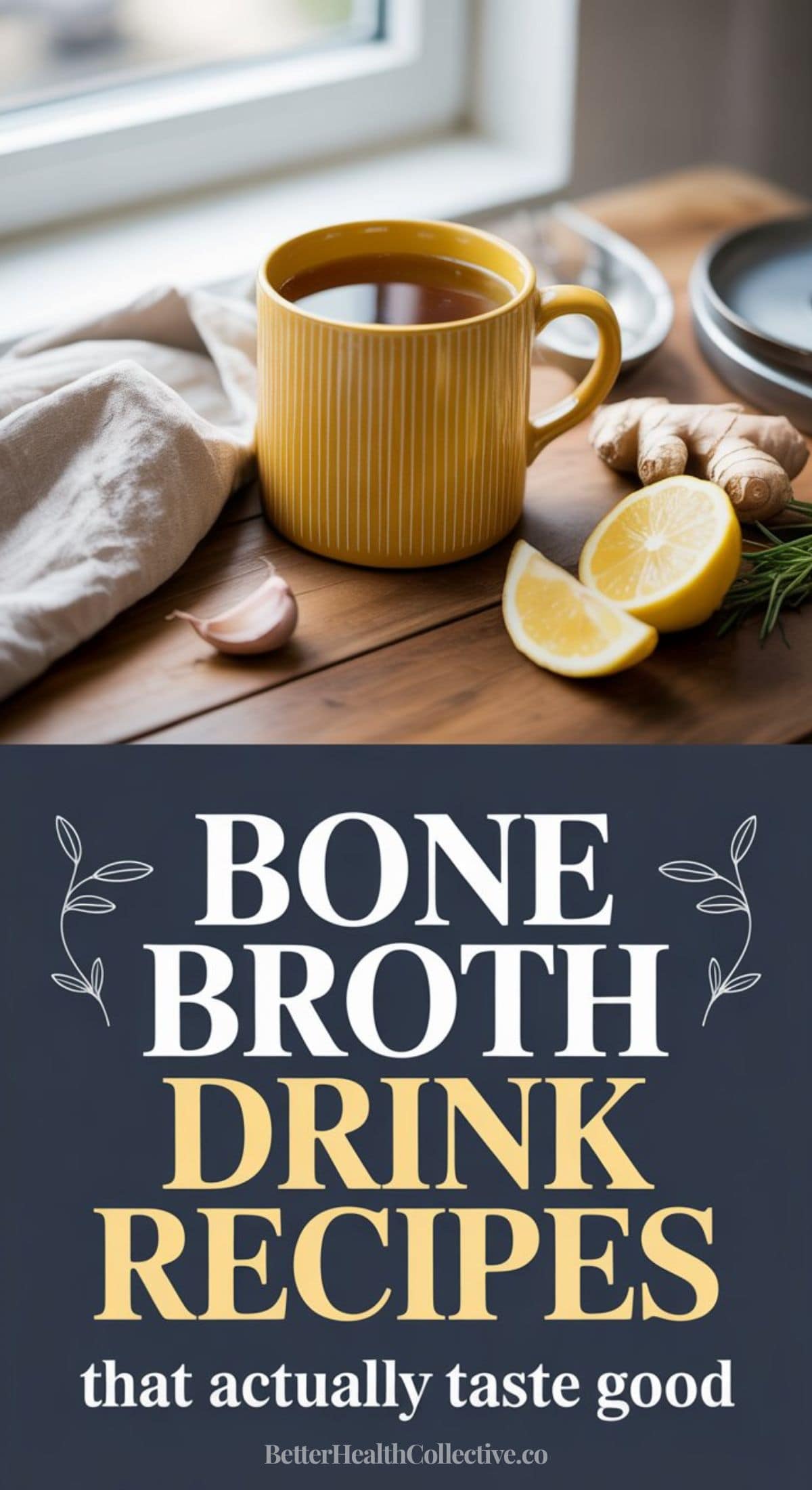 A yellow striped mug sits on a wooden table with a lemon slice, ginger root, and rosemary nearby—highlighting bone broth benefits. Below, text reads: Bone Broth Drink Recipes that actually taste good. wellnestguide.com.