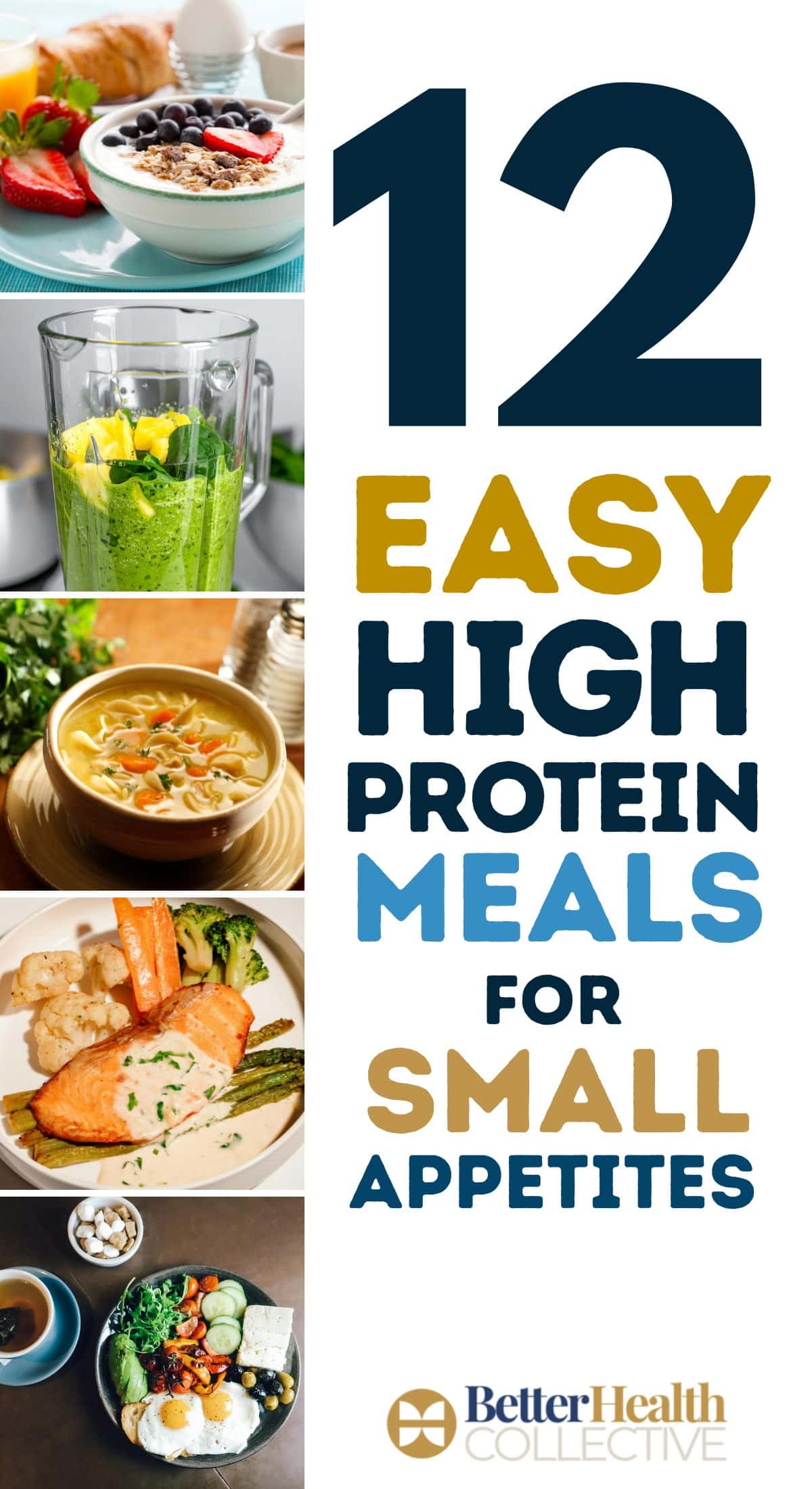 A collage shows various healthy meals, including smoothie bowls, a green smoothie, soup, salmon with vegetables, and an egg dish, next to text reading 12 Easy High-Protein Meal Ideas for Small Appetites – GLP-1 Friendly options by WellNest Guide.