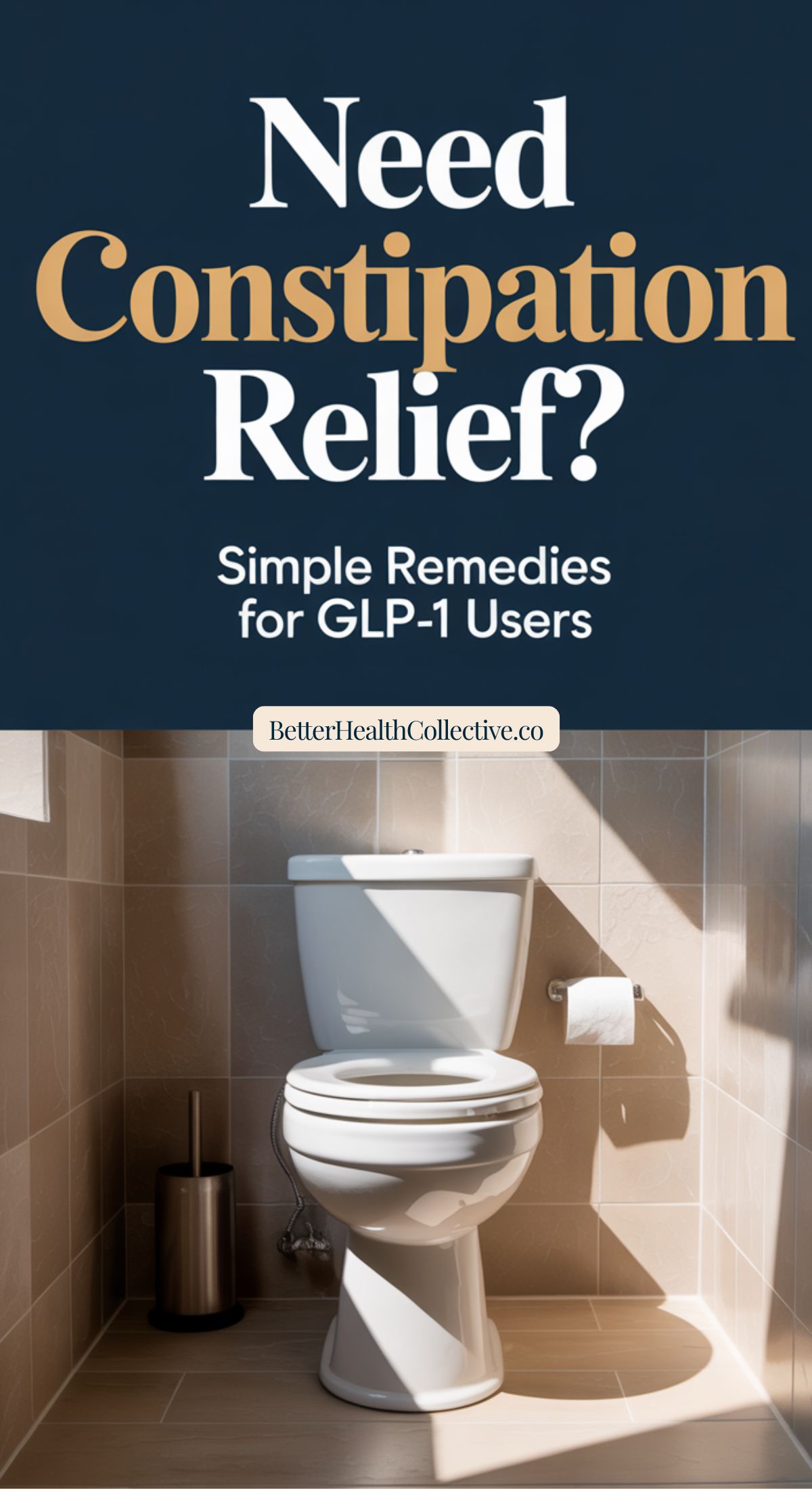 A bathroom with a white toilet, toilet paper, and toilet brush under bright sunlight. Text above reads, Need GLP-1-constipation relief? Simple Remedies for GLP-1 Users. wellnestguide.com.