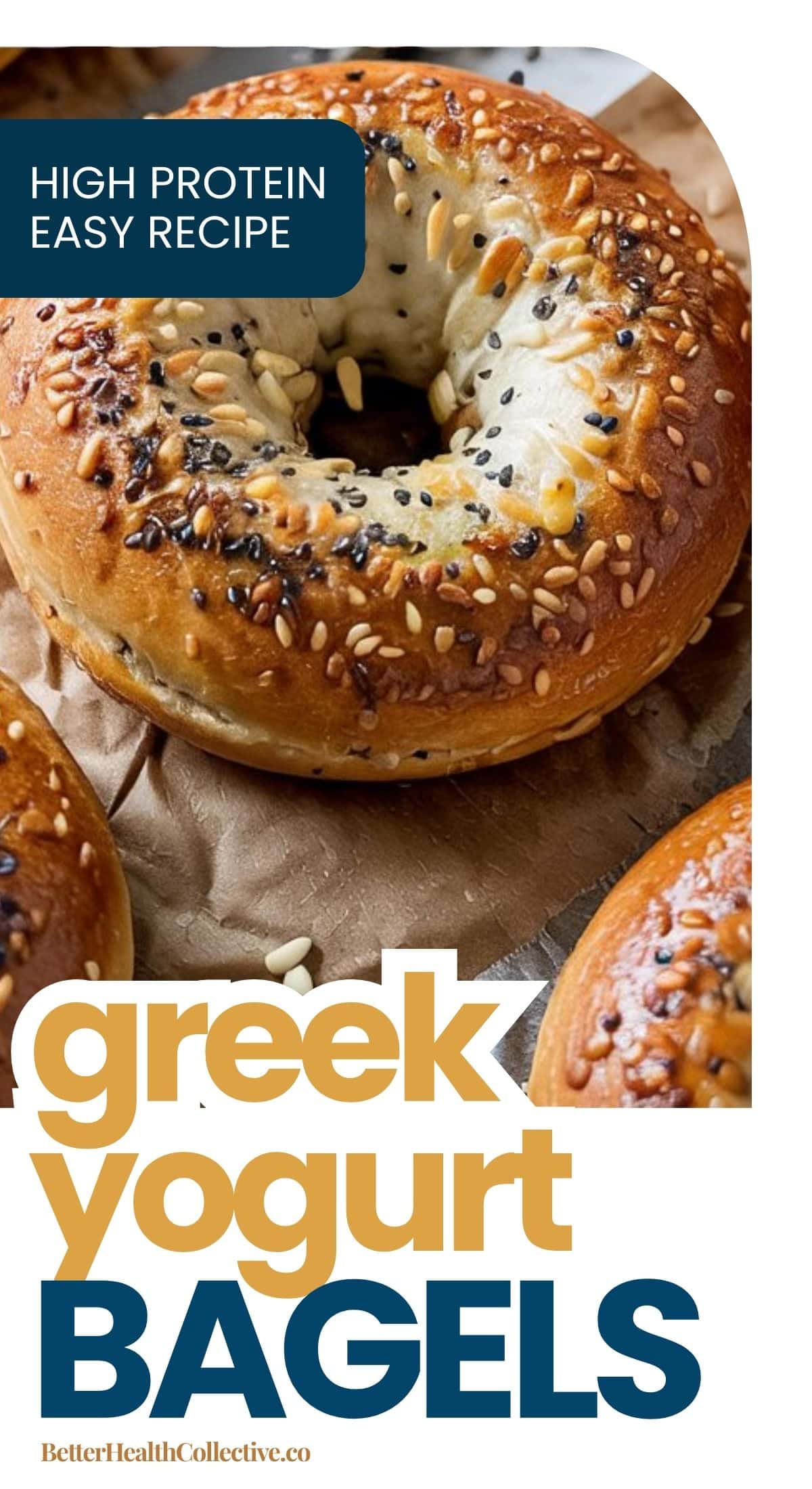 Close-up of freshly baked greek yogurt bagels topped with mixed seeds on parchment paper. Text overlay reads: High protein easy recipe. Greek yogurt bagels. wellnestguide.com.