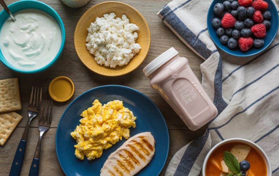 A table set with healthy food swaps like scrambled eggs, grilled chicken, cottage cheese, yogurt, mixed berries, crackers, a pink Zepbound drink in a bottle, forks, and a striped napkin on a wooden surface.