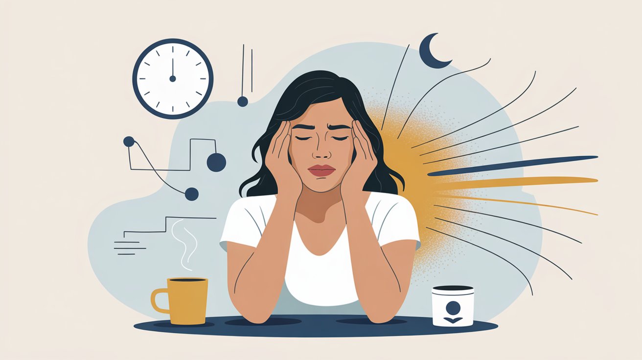 A woman sits with her head in her hands, looking stressed. Surrounding her are symbols of a clock, coffee cup, graphs, and a moon—signs that her schedule is overwhelming and her cortisol is out of control.