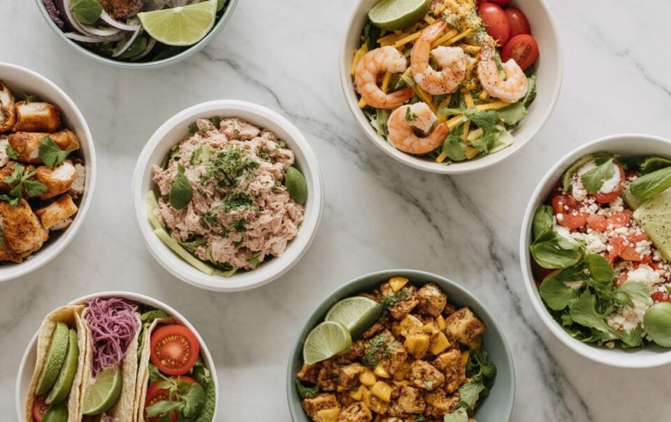Seven bowls of assorted fresh High Protein Low Calorie Lunches on a marble surface, including shrimp salad, grilled chicken, tuna, tomatoes, avocado, lime wedges, and various greens, presented in a bright and appetizing arrangement.