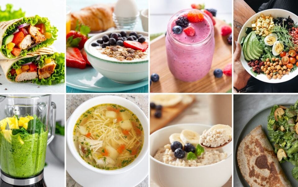 A collage of healthy meals designed to satisfy your appetite, featuring a chicken wrap, yogurt with berries, smoothie in a jar, salad bowl, blender with greens, chicken soup, oatmeal with fruit, and a plate with salad and flatbread.