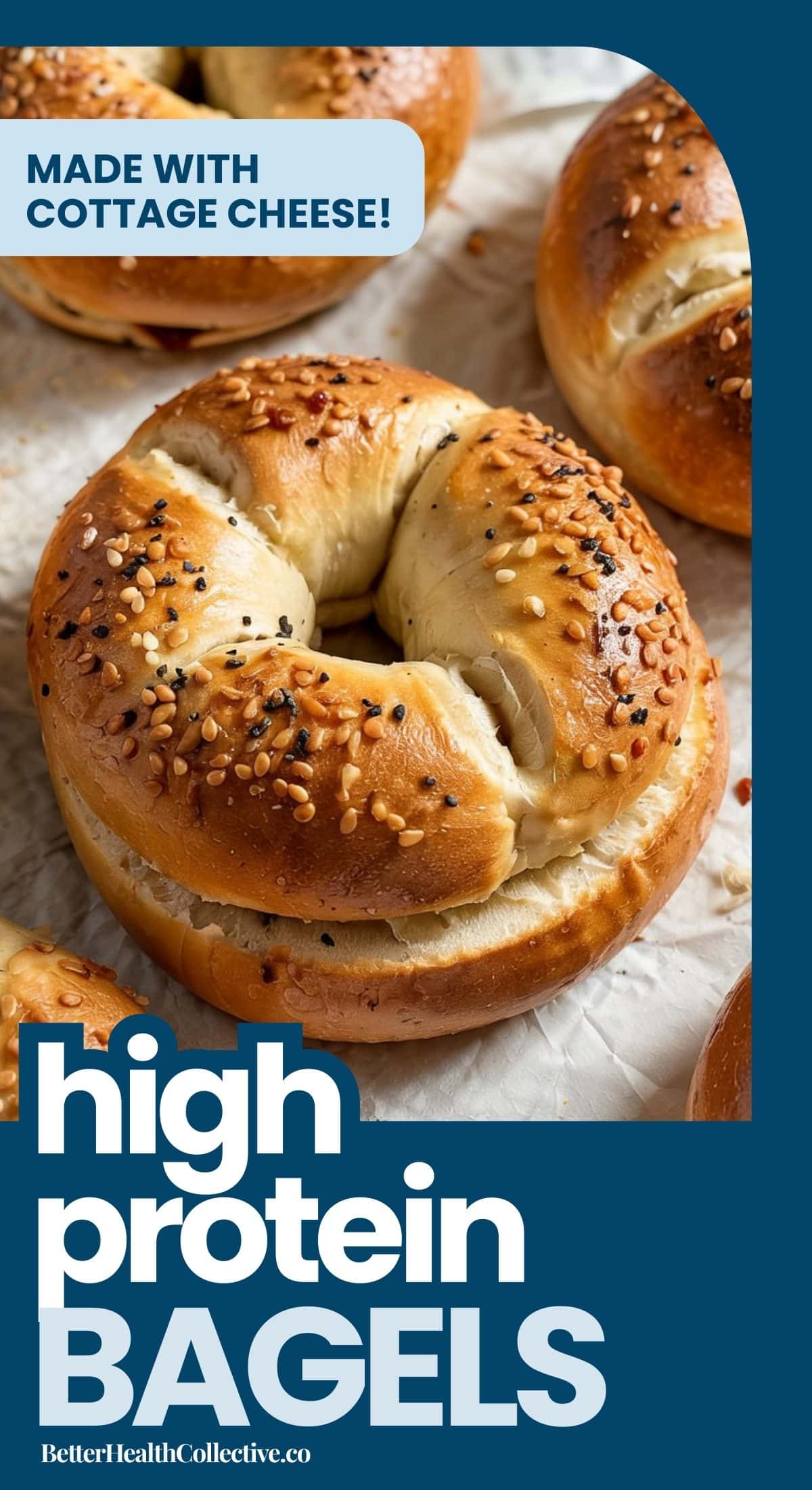 Freshly baked cottage cheese bagels topped with sesame seeds on parchment paper. Text reads: High-Protein Breakfast! Keeps You Full. wellnestguide.com.