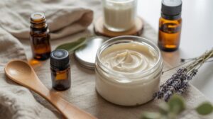 A glass jar of creamy tallow skincare lotion sits on a beige cloth, surrounded by small amber bottles, a wooden spoon, a sprig of lavender, and a jar with a metal lid in a bright, softly lit setting.