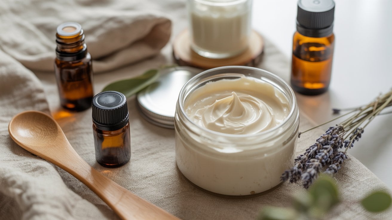 A glass jar of creamy tallow skincare lotion sits on a beige cloth, surrounded by small amber bottles, a wooden spoon, a sprig of lavender, and a jar with a metal lid in a bright, softly lit setting.