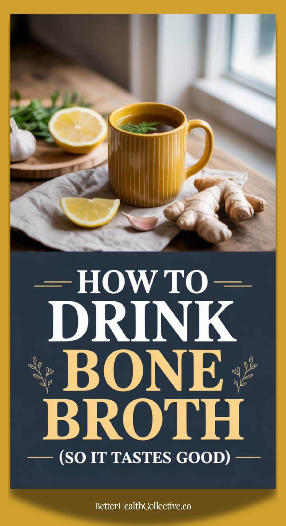 A yellow mug of bone broth sits on a wooden table near fresh ginger, garlic, and a lemon slice. Text below reads, How to drink bone broth (so it tastes good) and enjoy bone broth benefits.