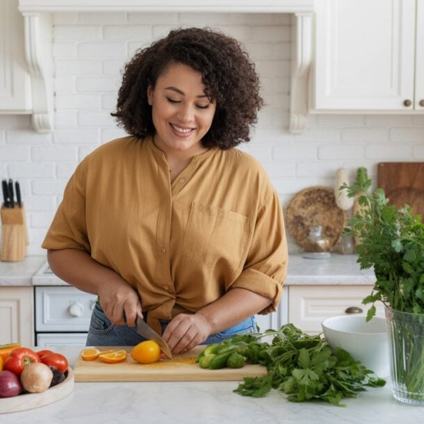 A woman in a yellow shirt smiles while chopping yellow tomatoes at a kitchen counter, surrounded by fresh vegetables and herbs, embracing healthy habits to keep weight off in her bright, modern kitchen.