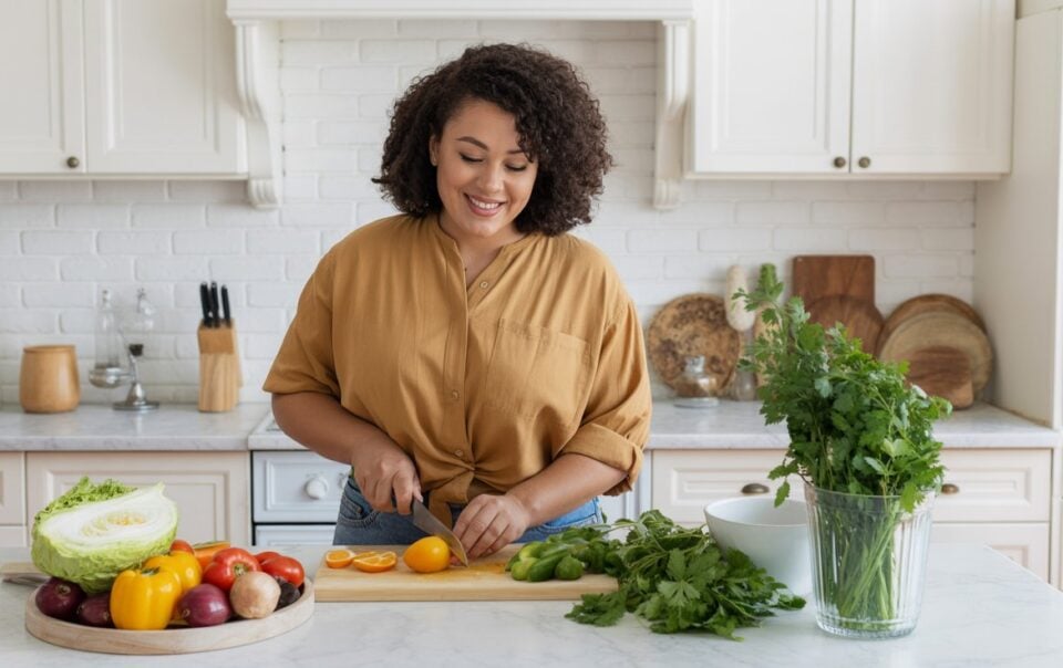 A woman in a yellow shirt smiles while chopping yellow tomatoes at a kitchen counter, surrounded by fresh vegetables and herbs, embracing healthy habits to keep weight off in her bright, modern kitchen.