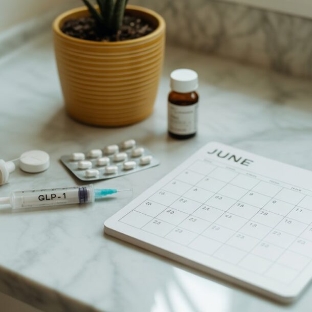 A syringe labeled GLP-1, a bottle of pills, tablet blister packs, and a June calendar are arranged on a marble countertop near a potted plant.