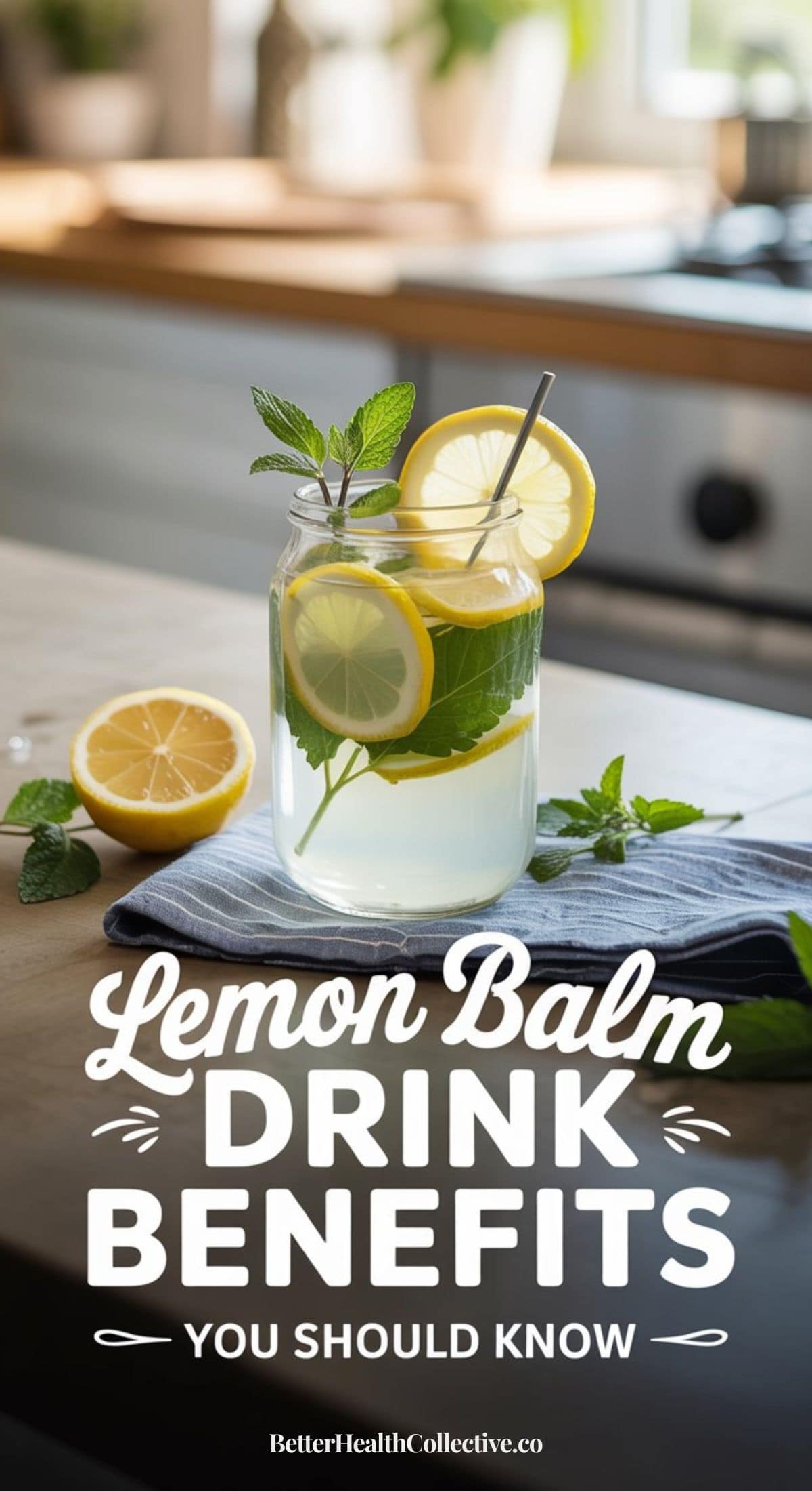 A mason jar of refreshing Lemon Balm drink with lemon slices and mint leaves sits on a striped cloth in a bright kitchen. Text reads: Lemon Balm Benefits You Should Know. wellnestguide.com.