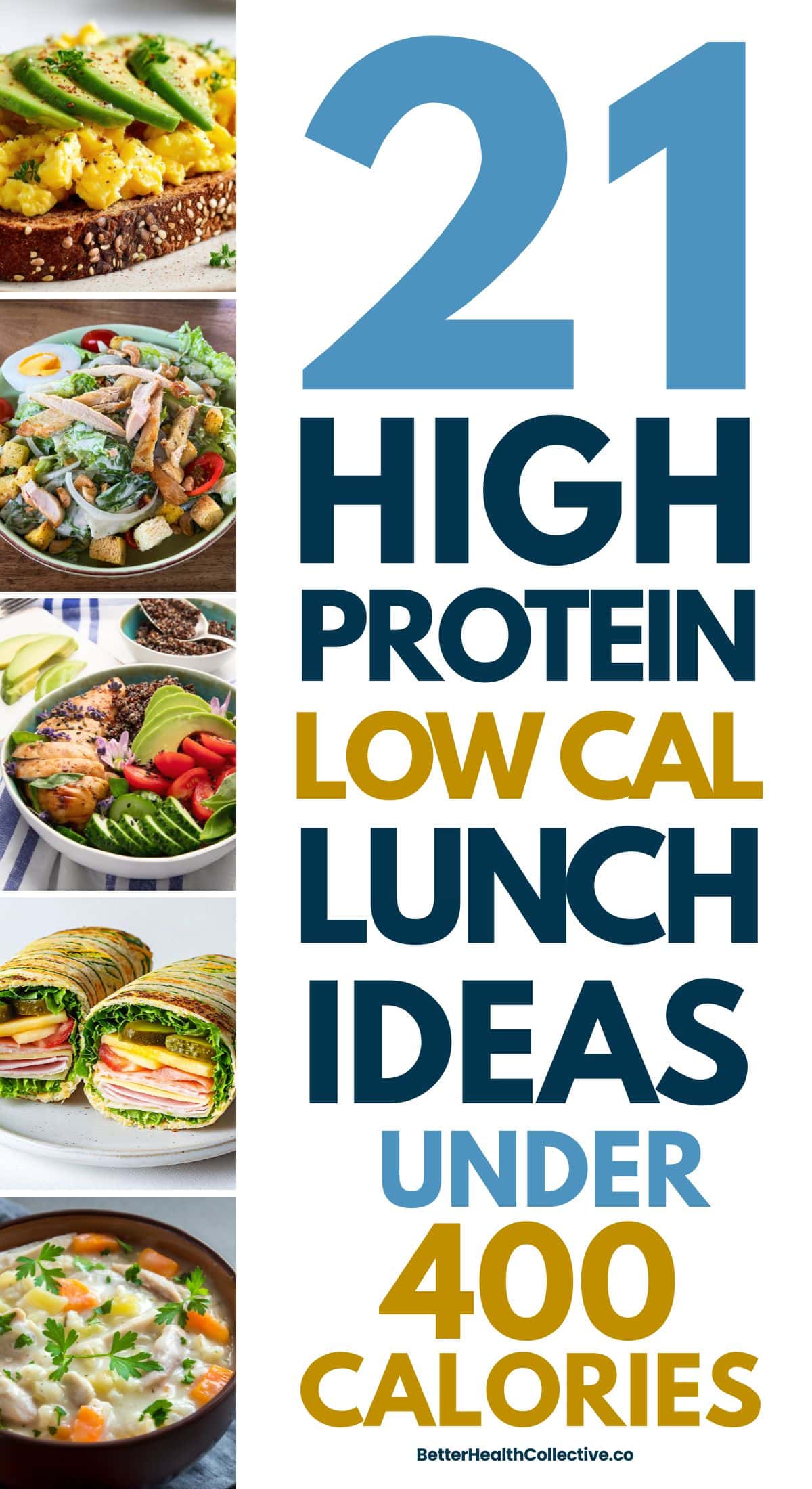 Vertical graphic with photos of healthy meals like toast, salad, bowls, wraps, and soup. Text reads: 21 High Protein Low Calorie Lunches Under 400 Calories. wellnestguide.com.