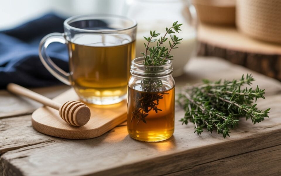 A glass cup of herbal tea, a jar of honey with fresh herbs, a wooden honey dipper, and a bundle of fresh thyme—classic ingredients for a natural remedy like Thyme Cough Syrup—are beautifully arranged on a rustic wooden table.