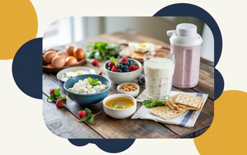 A wooden table topped with a variety of breakfast foods, perfect for those experiencing appetite loss or wondering what to eat on GLP-1, including eggs, mixed berries, cottage cheese, almonds, honey, crackers, milk, a pink smoothie, and fresh greens.