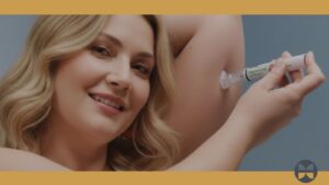 A smiling woman with wavy blonde hair applies a cream or gel from a tube to her underarm, showing where to take care for best results. The blue background has orange borders and a small circular logo in the lower right corner.