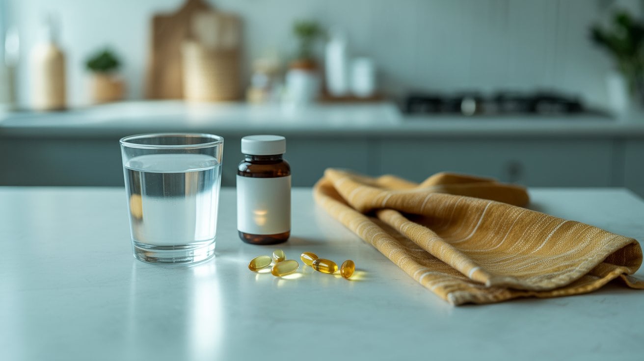A glass of water, a brown pill bottle, and four yellow B12 capsules are placed on a white countertop next to a folded yellow cloth in a modern kitchen setting.
