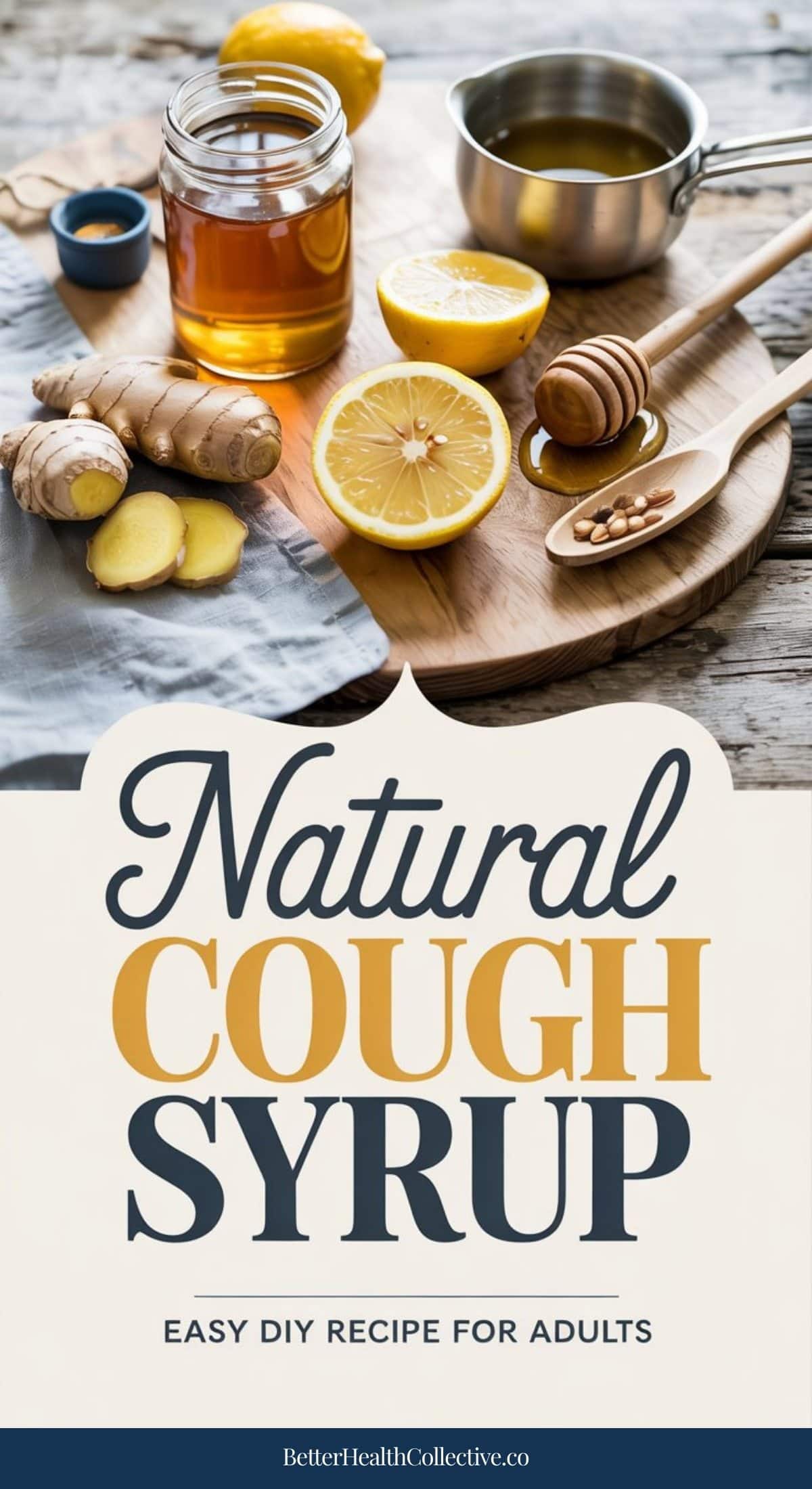 A cutting board with honey, lemon, ginger, and a saucepan sits above text that reads: Easy homemade cough syrup—gentle cough remedy for adults. wellnestguide.com.